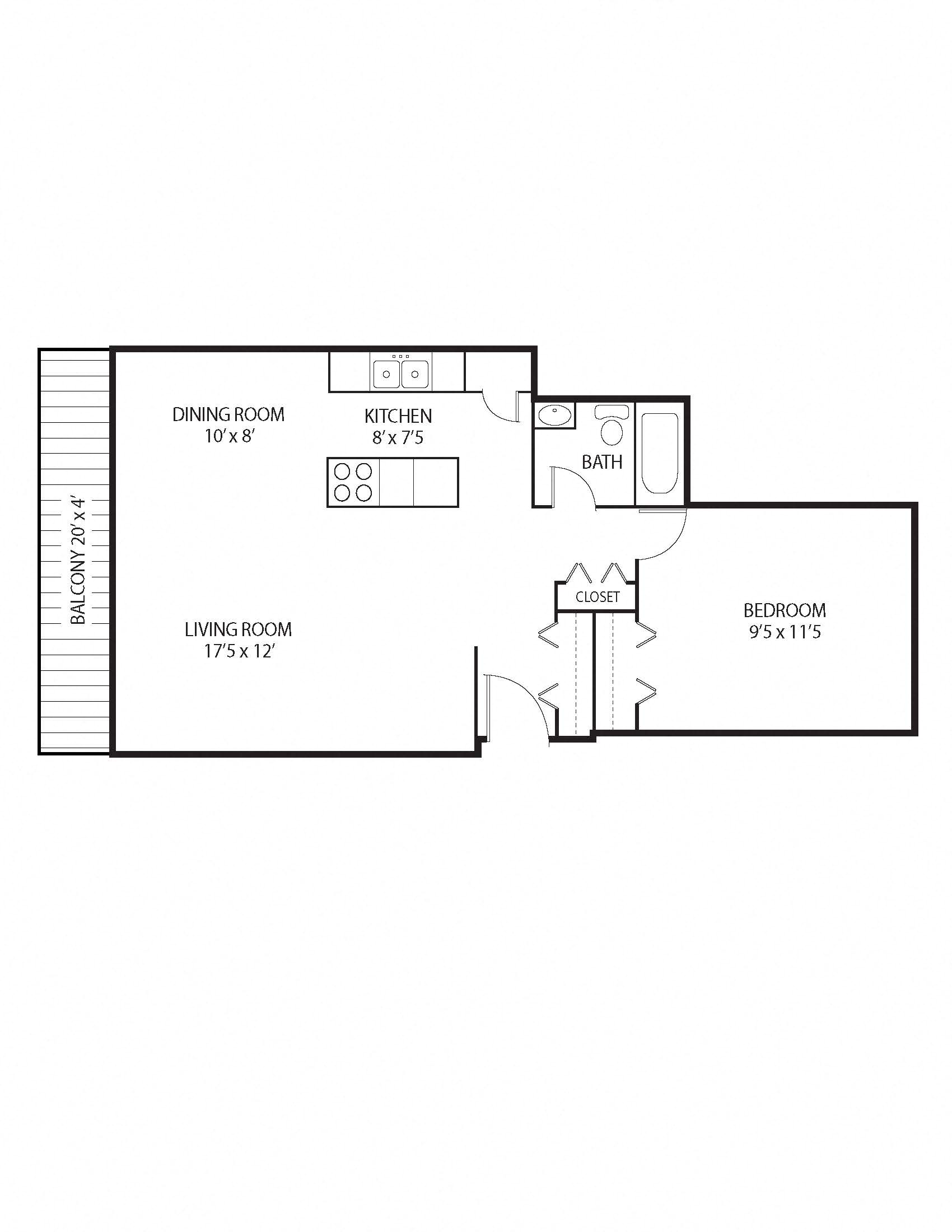 Floor plan for 1 bed, 1 bath, 700 sqft